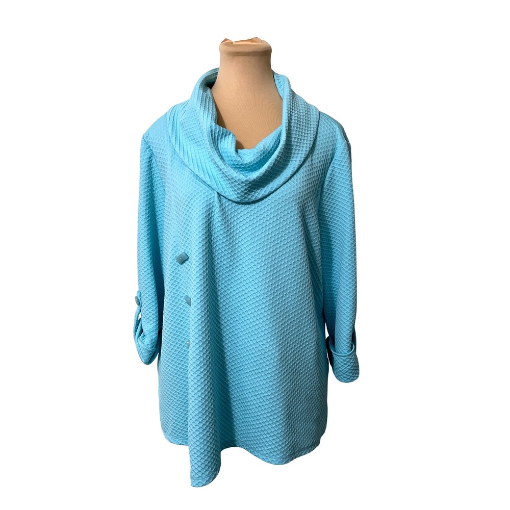 Ali Miles Cowl Neck Waffle Knit Tunic PXL Blue Button Roll Tab Sleeve Causal